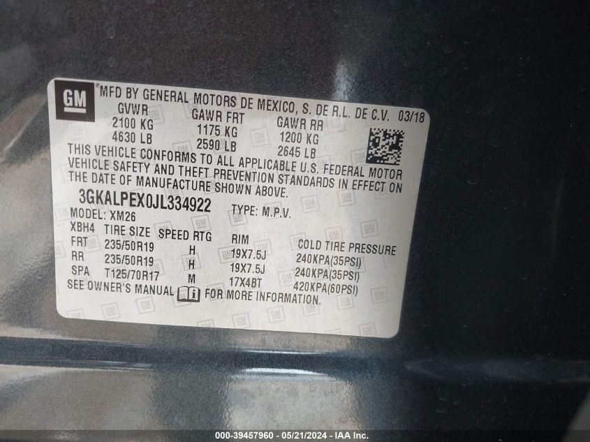 2018 GMC Terrain Slt VIN: 3GKALPEX0JL334922 Lot: 39457960