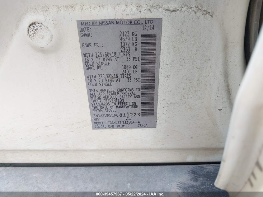 2015 Nissan Rogue Sl VIN: 5N1AT2MV1FC811273 Lot: 39457967