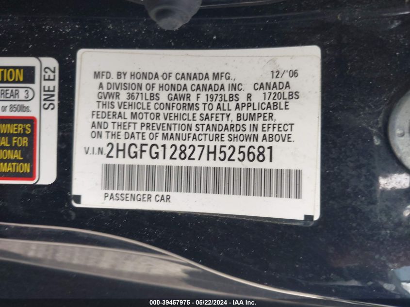 2007 Honda Civic Ex VIN: 2HGFG12827H525681 Lot: 39457975