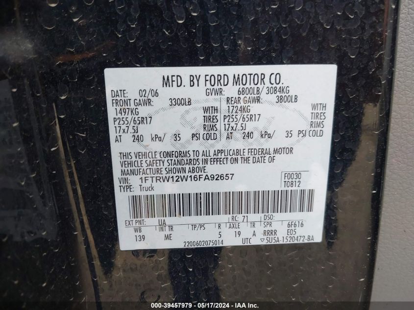 2006 Ford F-150 Xlt VIN: 1FTRW12W16FA92657 Lot: 39457979