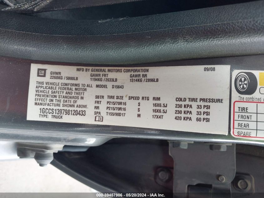2009 Chevrolet Colorado Lt VIN: 1GCCS139798120433 Lot: 39457986