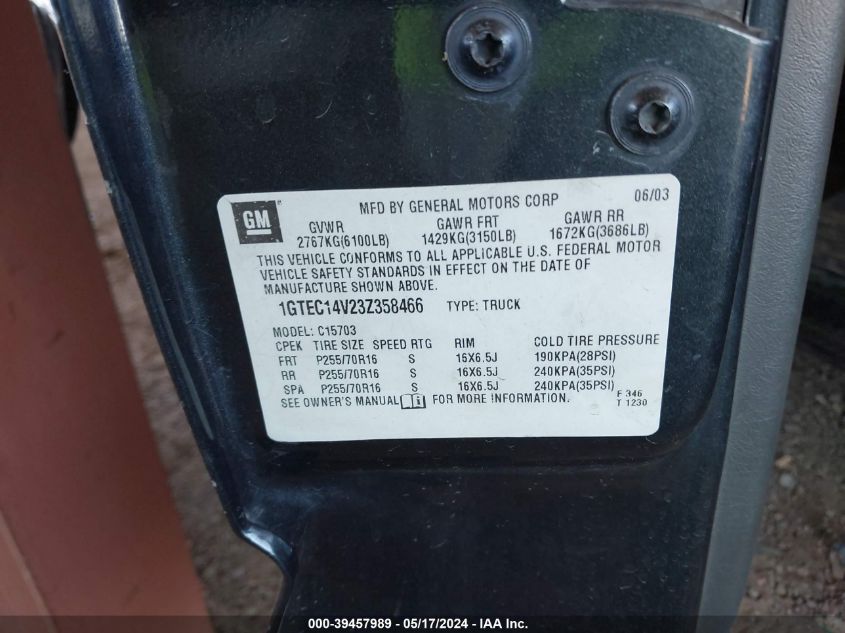 2003 GMC Sierra 1500 Sle VIN: 1GTEC14V23Z358466 Lot: 39457989