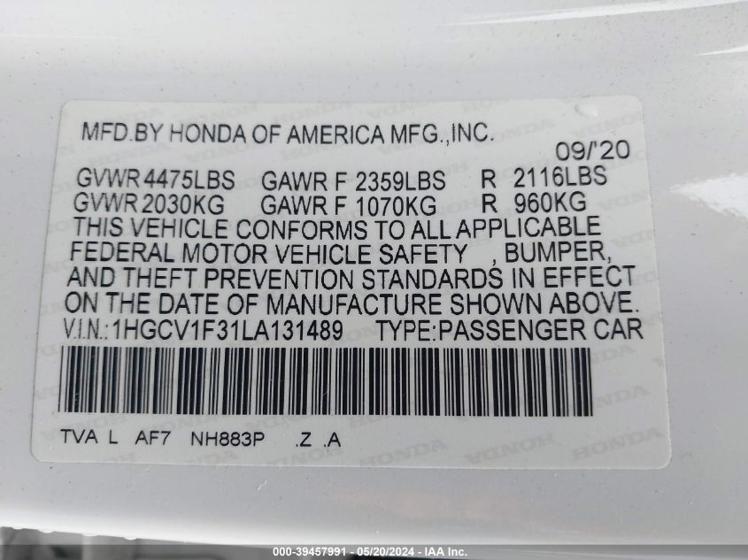 2020 Honda Accord Sport VIN: 1HGCV1F31LA131489 Lot: 39457991