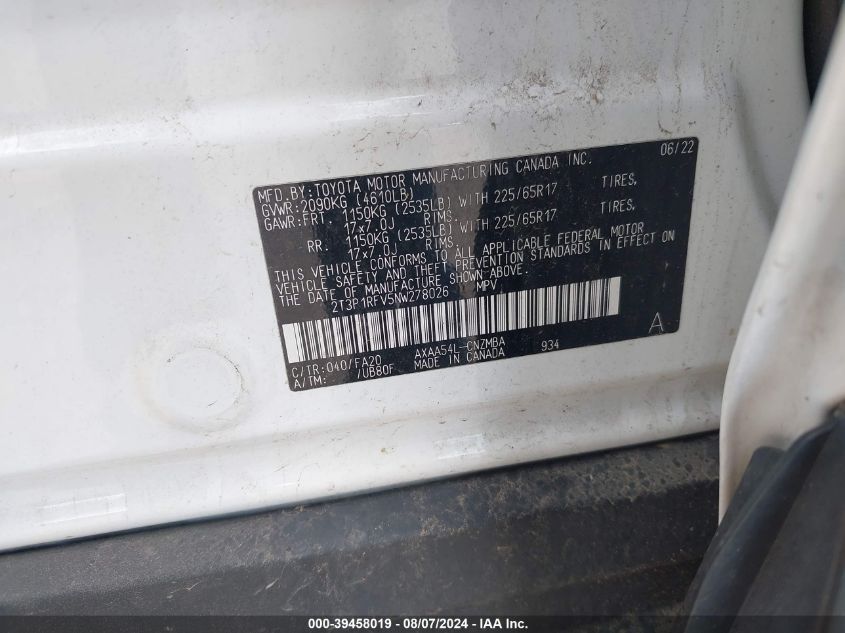 2022 Toyota Rav4 Xle VIN: 2T3P1RFV5NW278026 Lot: 39458019