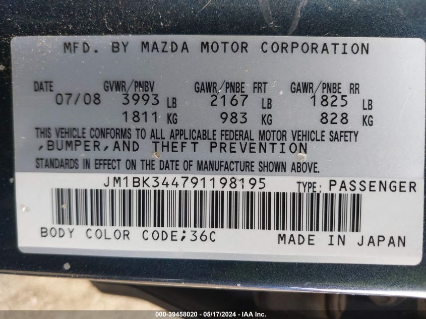 2009 Mazda Mazda3 S Grand Touring VIN: JM1BK344791198195 Lot: 39458020