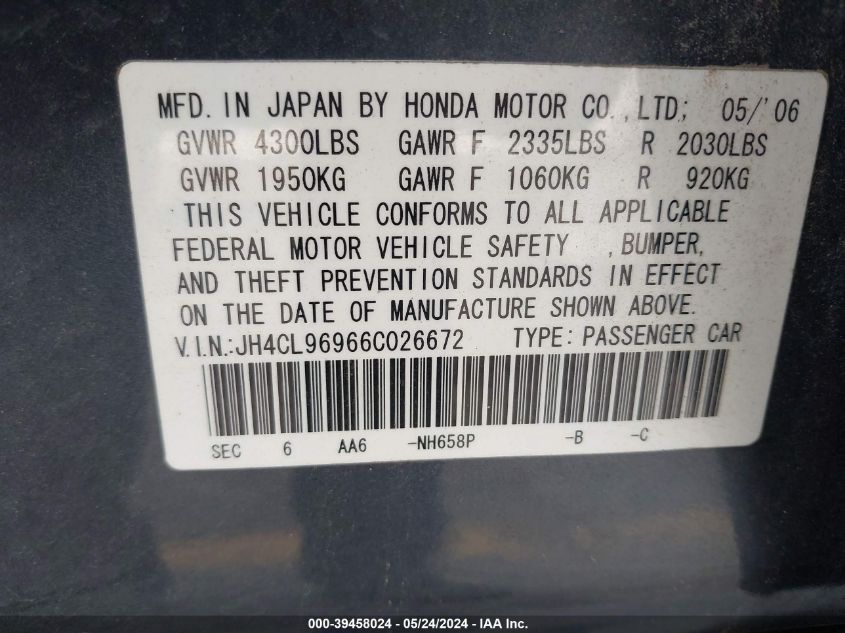 2006 Acura Tsx VIN: JH4CL96966C026672 Lot: 39458024