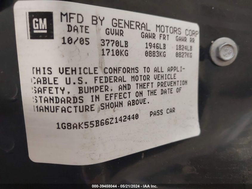 2006 Saturn Ion 3 VIN: 1G8AK55B66Z142440 Lot: 39458044