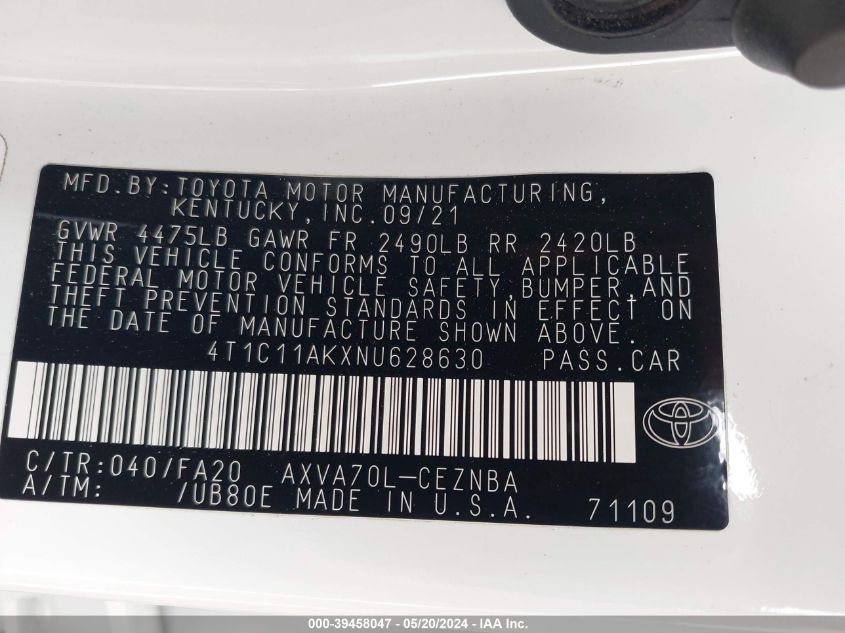 2022 Toyota Camry Le VIN: 4T1C11AKXNU628630 Lot: 39458047