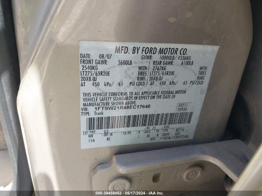 2008 Ford F-250 Fx4/Harley-Davidson/King Ranch/Lariat/Xl/Xlt VIN: 1FTSW21R48EC17646 Lot: 39458052