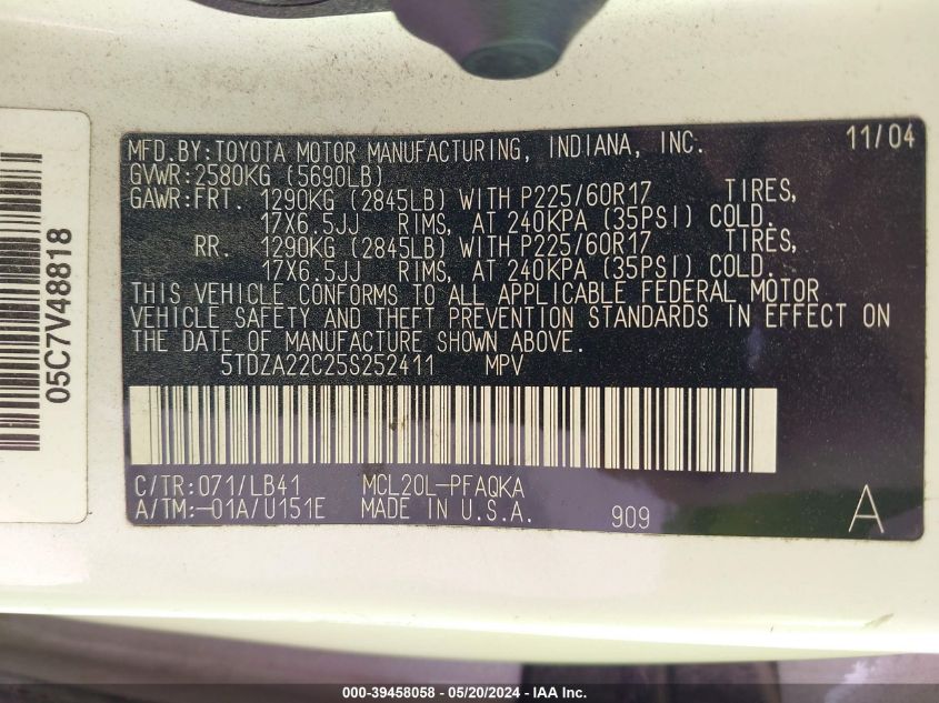 2005 Toyota Sienna Xle/Xle Limited VIN: 5TDZA22C25S252411 Lot: 39458058