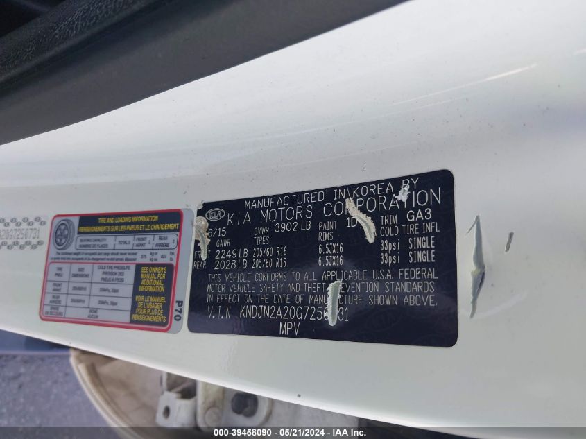 2016 Kia Soul VIN: KNDJN2A20G7250731 Lot: 39458090