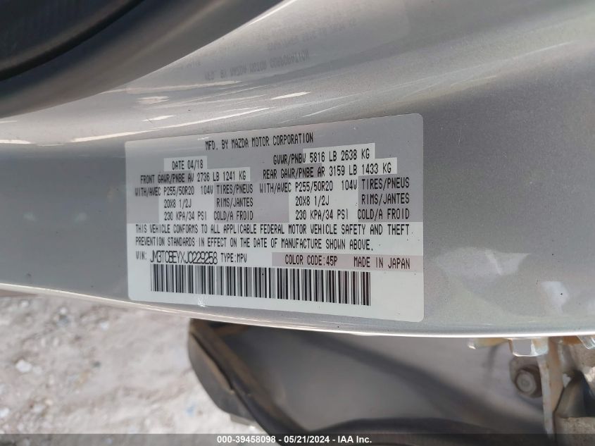 2018 Mazda Cx-9 Signature VIN: JM3TCBEYXJ0229258 Lot: 39458098