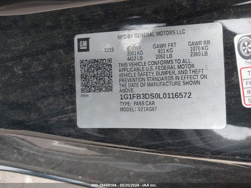 2020 Chevrolet Camaro Rwd 1Lt VIN: 1G1FB3DS0L0116572 Lot: 39458104