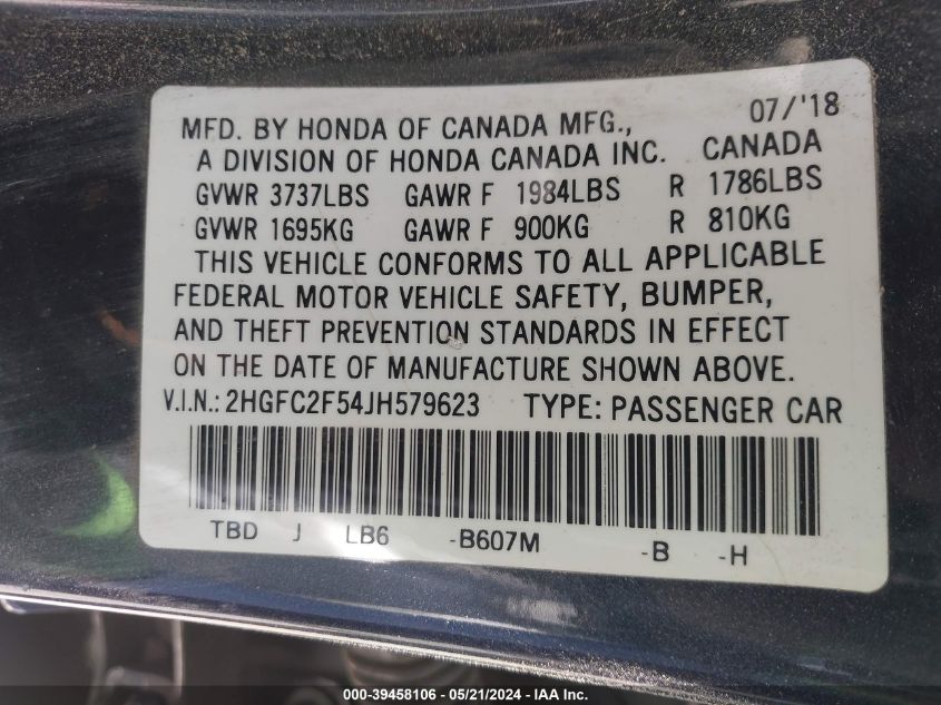 2018 Honda Civic Lx VIN: 2HGFC2F54JH579623 Lot: 39458106