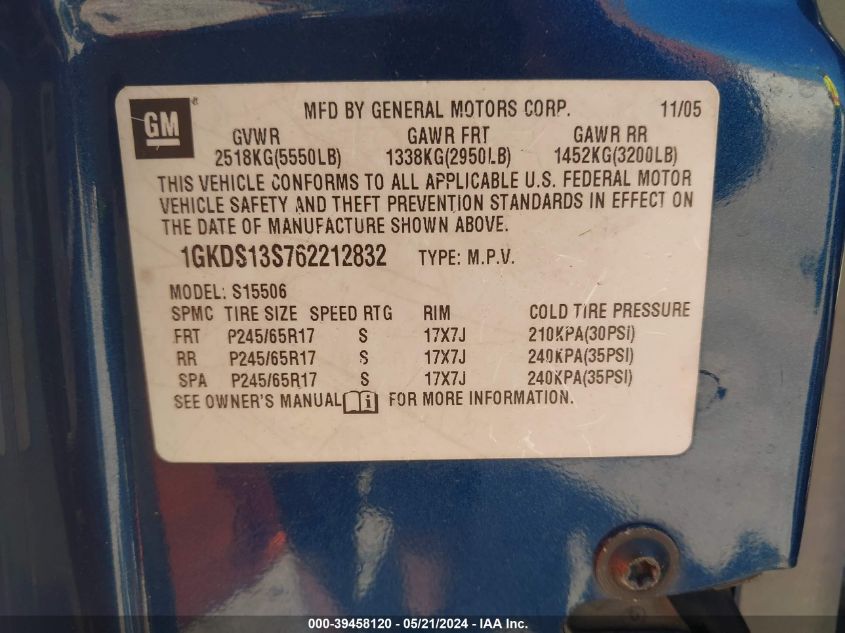 2006 GMC Envoy Sle VIN: 1GKDS13S762212832 Lot: 39458120