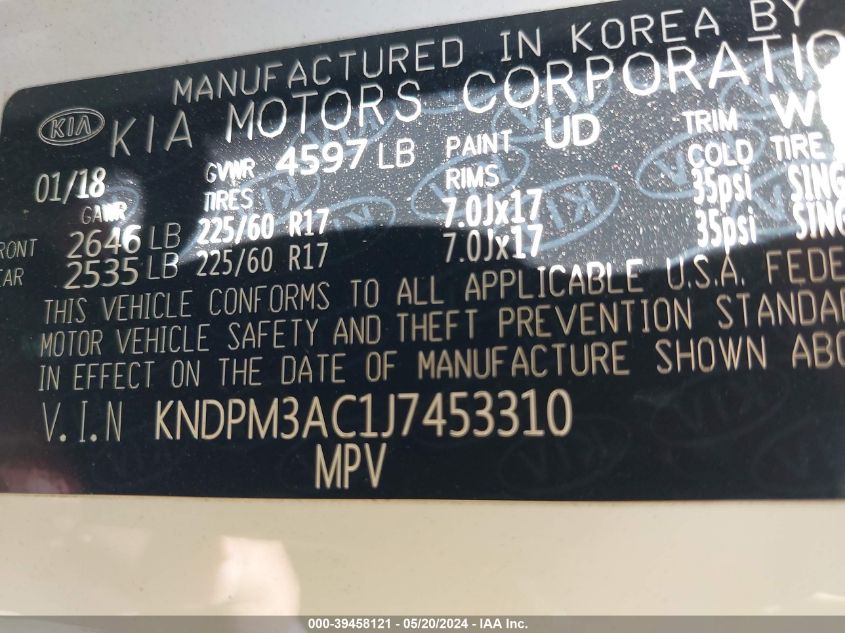 2018 Kia Sportage Lx VIN: KNDPM3AC1J7453310 Lot: 39458121