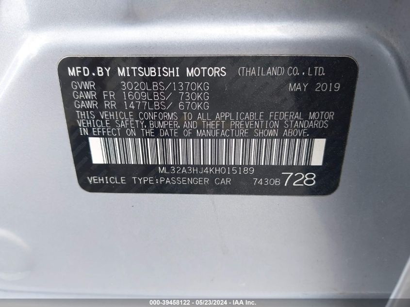 2019 Mitsubishi Mirage Rf VIN: ML32A3HJ4KH015189 Lot: 39458122