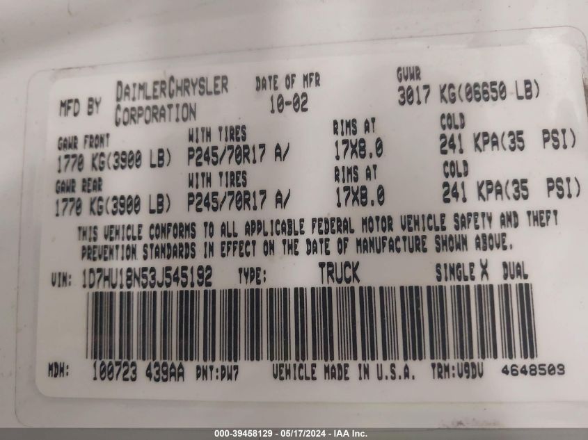 2003 Dodge Ram 1500 Slt/Laramie/St VIN: 1D7HU18N53J545192 Lot: 39458129
