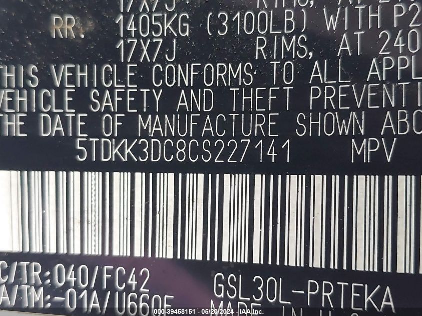 2012 Toyota Sienna Le V6 8 Passenger VIN: 5TDKK3DC8CS227141 Lot: 39458151