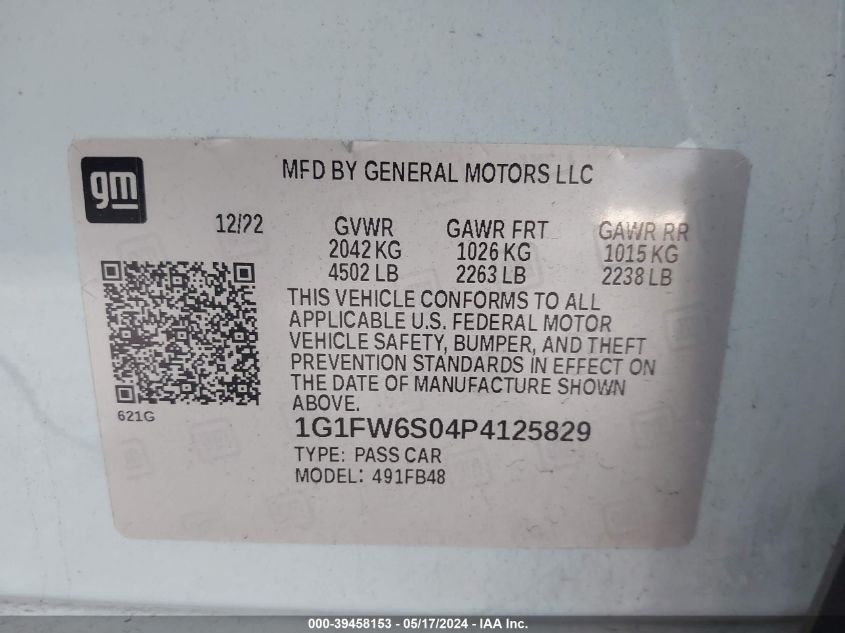 2023 Chevrolet Bolt Ev Fwd 1Lt VIN: 1G1FW6S04P4125829 Lot: 39458153