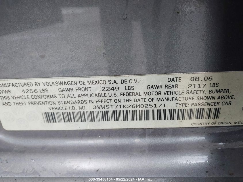 2006 Volkswagen Jetta Tdi VIN: 3VWST71K26M025171 Lot: 39458154