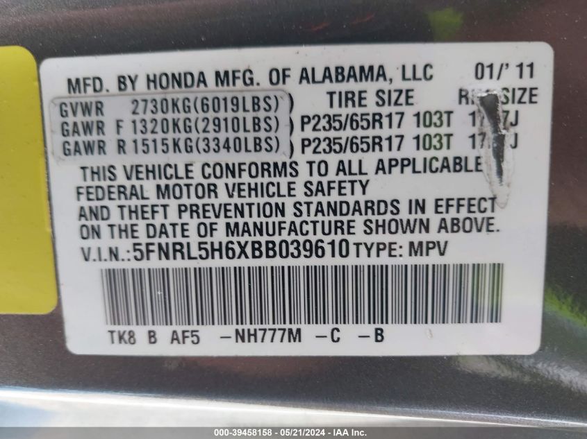 2011 Honda Odyssey Ex-L VIN: 5FNRL5H6XBB039610 Lot: 39458158