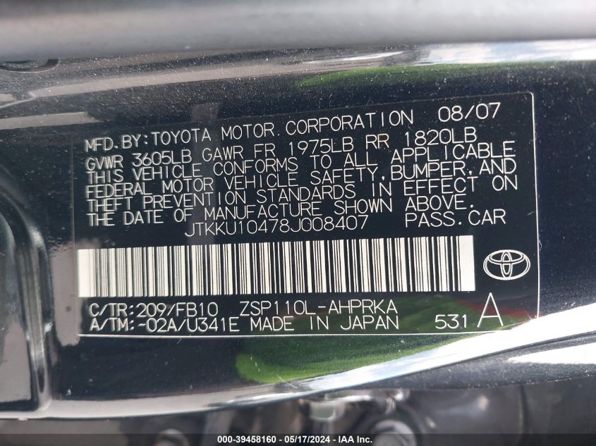 2008 Scion Xd VIN: JTKKU10478J008407 Lot: 39458160