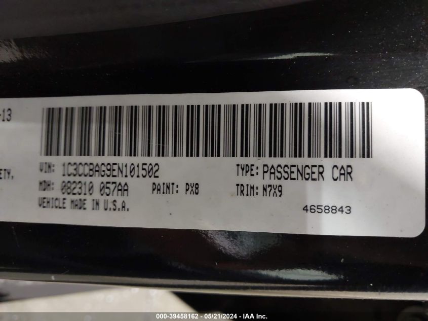 2014 Chrysler 200 Lx VIN: 1C3CCBAG9EN101502 Lot: 39458162