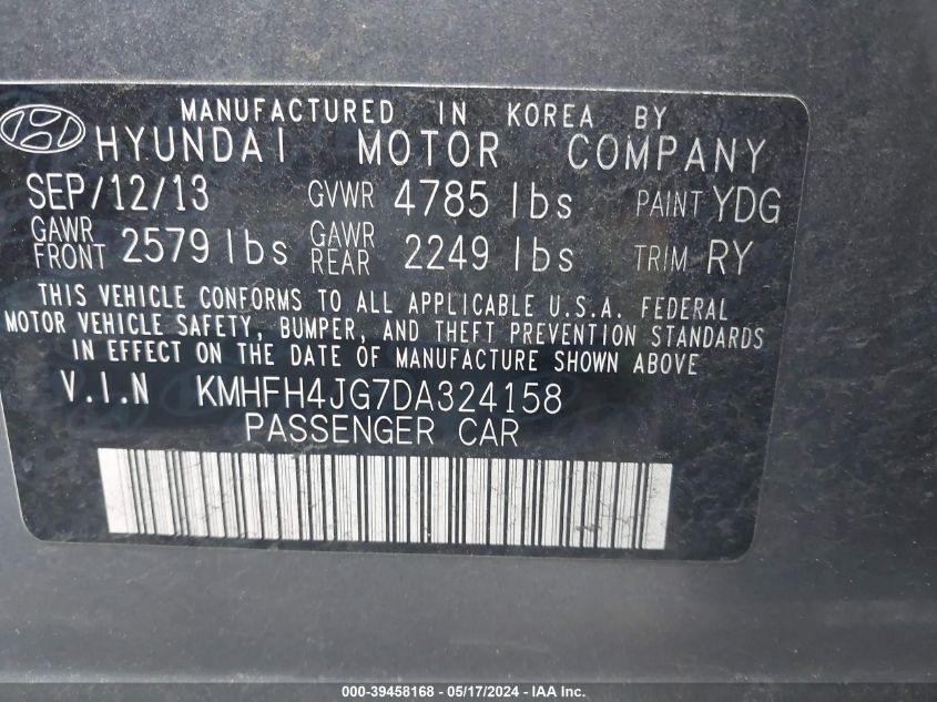 2013 Hyundai Azera VIN: KMHFH4JG7DA324158 Lot: 39458168