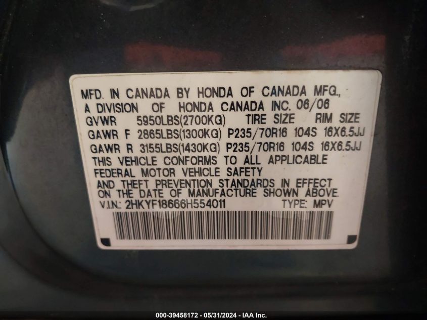 2006 Honda Pilot Ex-L VIN: 2HKYF18666H554011 Lot: 39458172