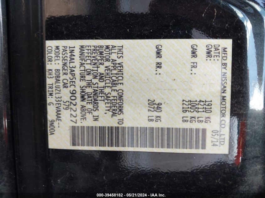 2014 Nissan Altima 2.5 Sv VIN: 1N4AL3AP5EC902227 Lot: 39458182