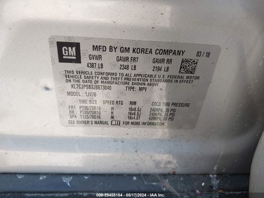 2018 Chevrolet Trax Lt VIN: KL7CJPSB3JB673840 Lot: 39458184