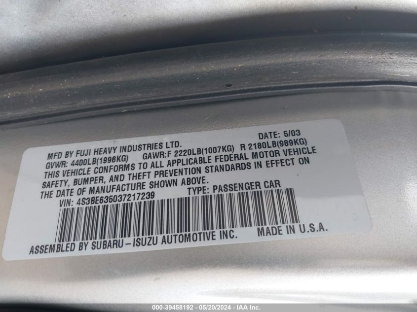 2003 Subaru Legacy L/L W/Special Edition Package VIN: 4S3BE635037217239 Lot: 39458192