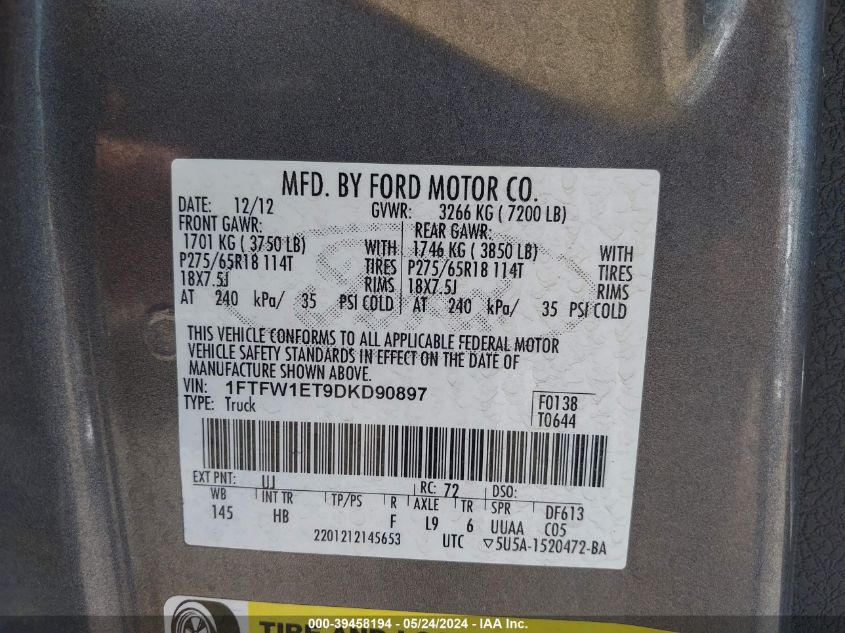 2013 Ford F-150 Lariat VIN: 1FTFW1ET9DKD90897 Lot: 39458194