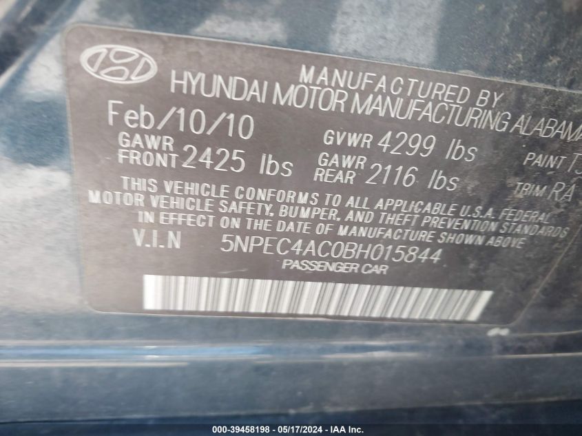 2011 Hyundai Sonata Limited VIN: 5NPEC4AC0BH015844 Lot: 39458198