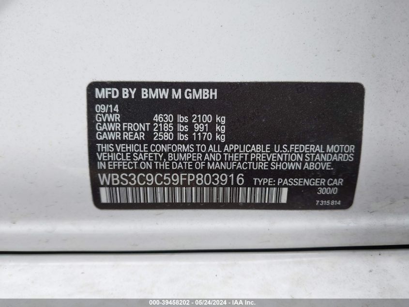 2015 BMW M3 VIN: WBS3C9C59FP803916 Lot: 39458202