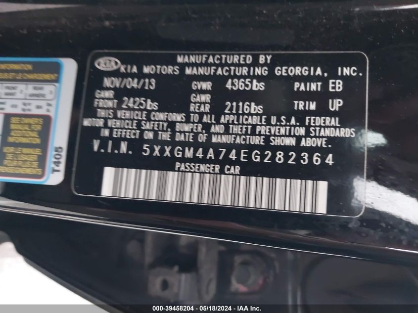 2014 Kia Optima Lx VIN: 5XXGM4A74EG282364 Lot: 39458204