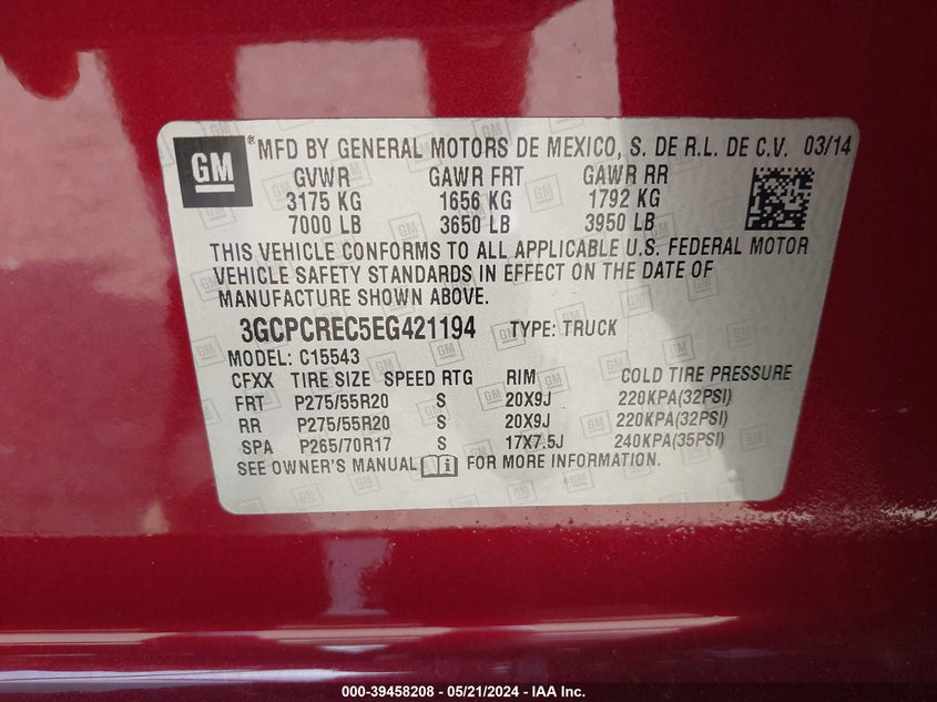 2014 Chevrolet Silverado 1500 1Lt VIN: 3GCPCREC5EG421194 Lot: 39458208