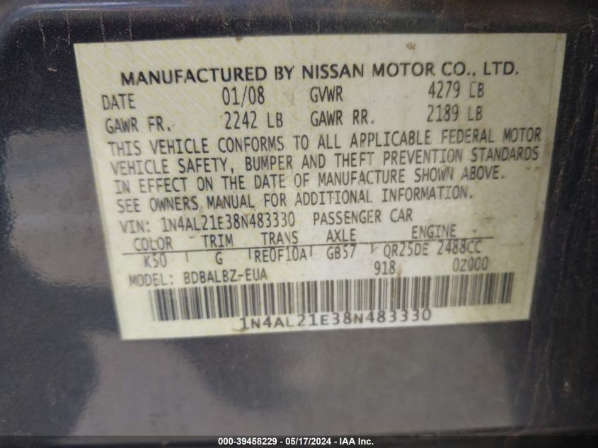 2008 Nissan Altima 2.5/2.5S VIN: 1N4AL21E38N483330 Lot: 39458229