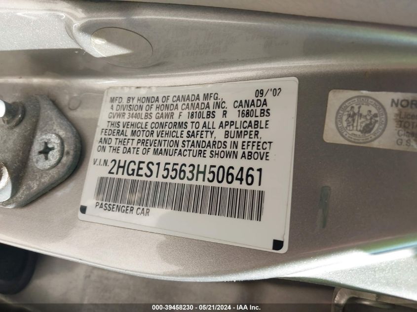 2003 Honda Civic Lx VIN: 2HGES15563H506461 Lot: 39458230