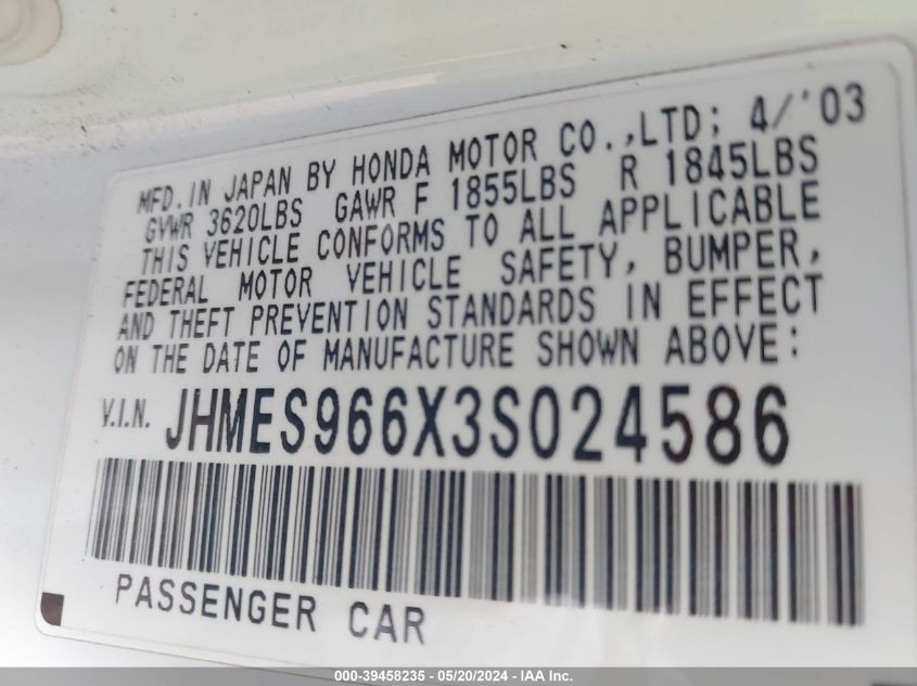 2003 Honda Civic Hybrid VIN: JHMES966X3S024586 Lot: 39458235