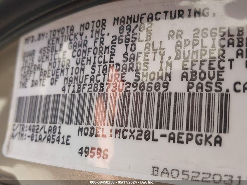 2003 Toyota Avalon Xls VIN: 4T1BF28B73U290609 Lot: 39458256