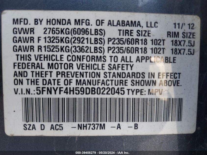 2013 Honda Pilot Ex-L VIN: 5FNYF4H59DB022045 Lot: 39458279