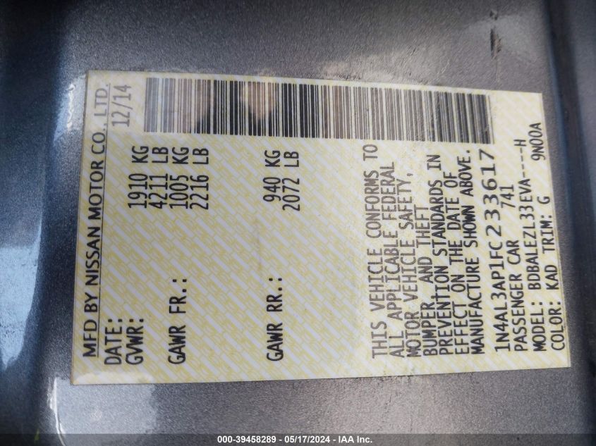 2015 Nissan Altima 2.5 S VIN: 1N4AL3AP1FC233617 Lot: 39458289