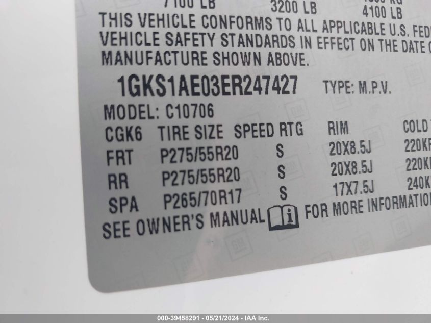 2014 GMC Yukon Sle VIN: 1GKS1AE03ER247427 Lot: 39458291