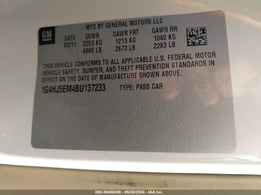 2011 Buick Lucerne Cxl Premium VIN: 1G4HJ5EM4BU137233 Lot: 39458308