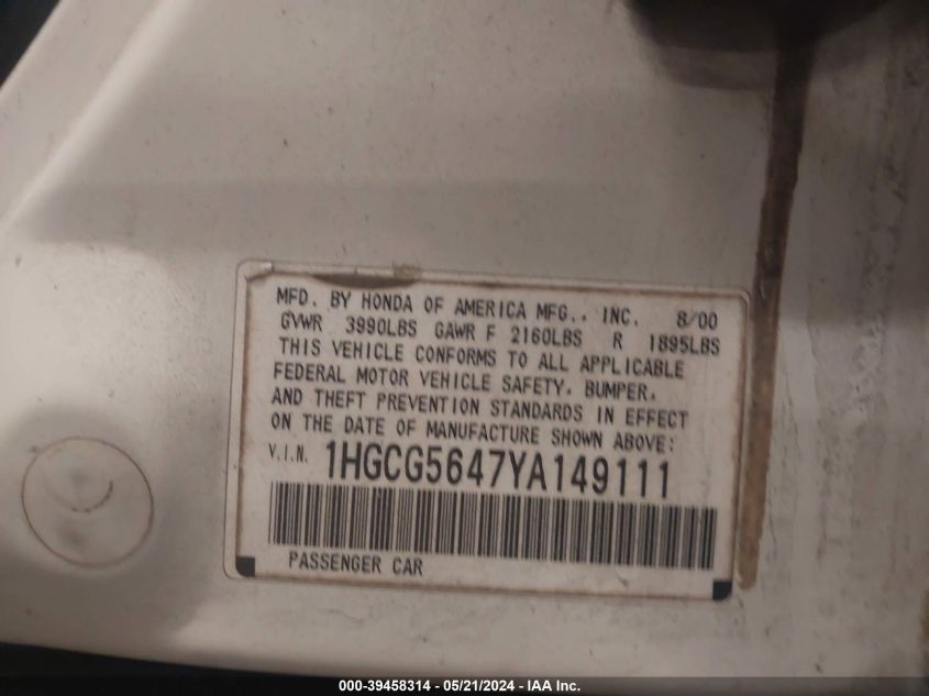 2000 Honda Accord 2.3 Lx VIN: 1HGCG5647YA149111 Lot: 39458314