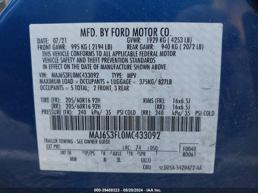 2021 Ford Ecosport S VIN: MAJ6S3FL0MC433092 Lot: 39458323