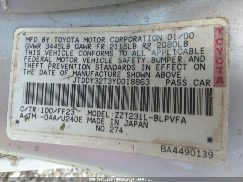 2000 Toyota Celica Gts VIN: JTDDY32T3Y0018863 Lot: 39458326