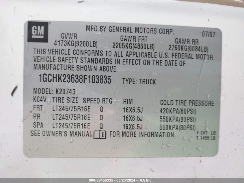 2008 Chevrolet Silverado 2500Hd Lt1 VIN: 1GCHK23638F103835 Lot: 39458335